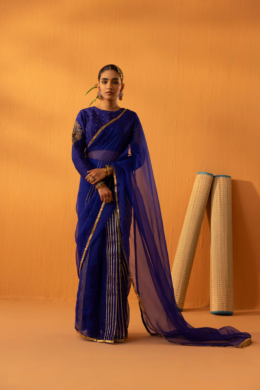 Neeltara Magnetic Blue Embroidered Saree Set