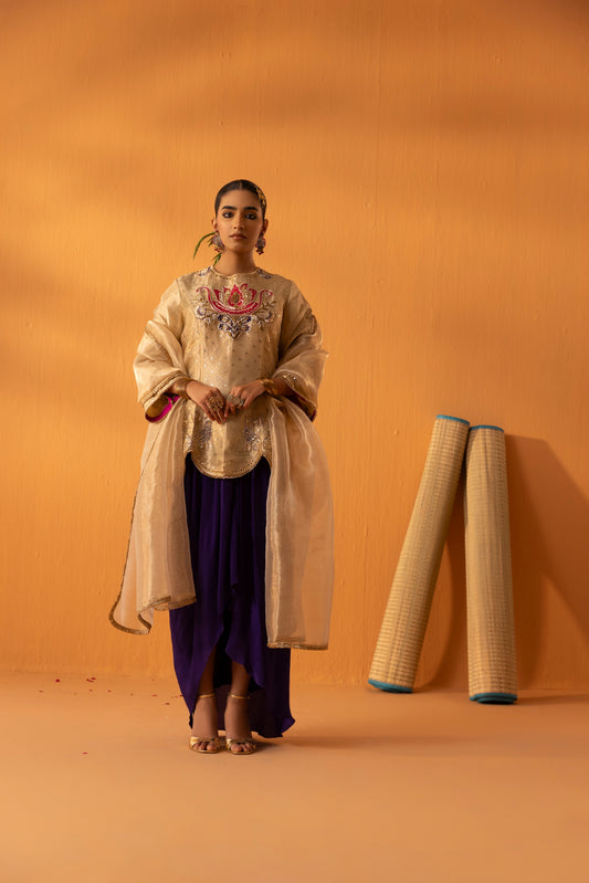 Khudrang Gold Embroidered Tissue Indo-Western Kurta Set