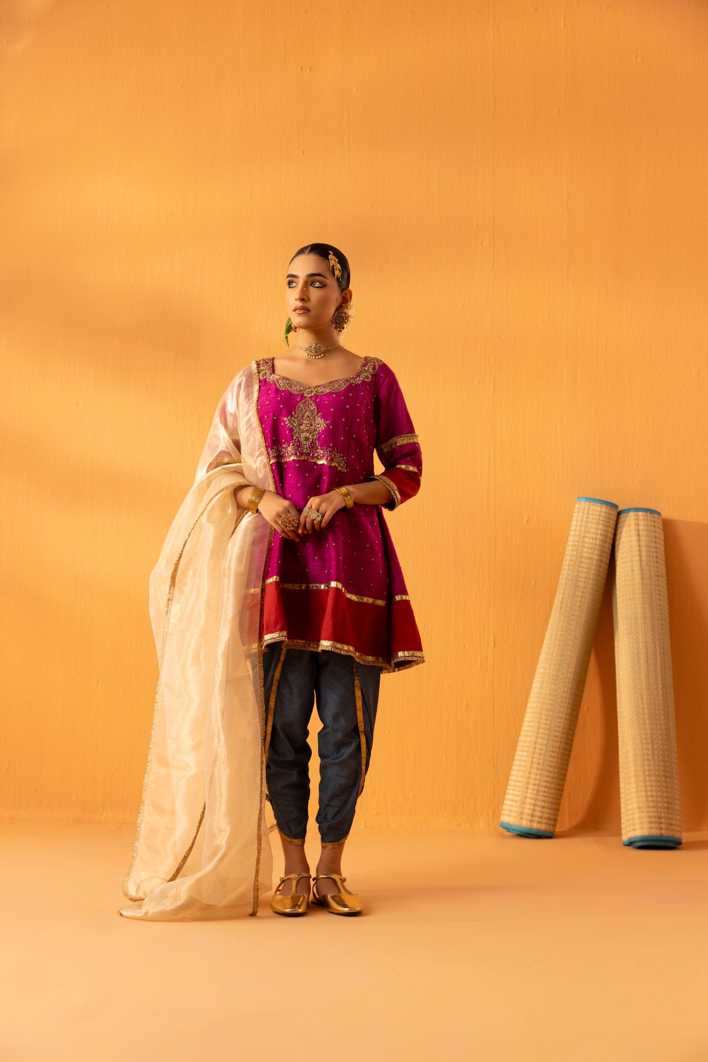 Gulnaar Magenta Pink Silk Embroidered Kurta Set