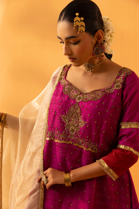 Gulnaar Magenta Pink Silk Embroidered Kurta Set