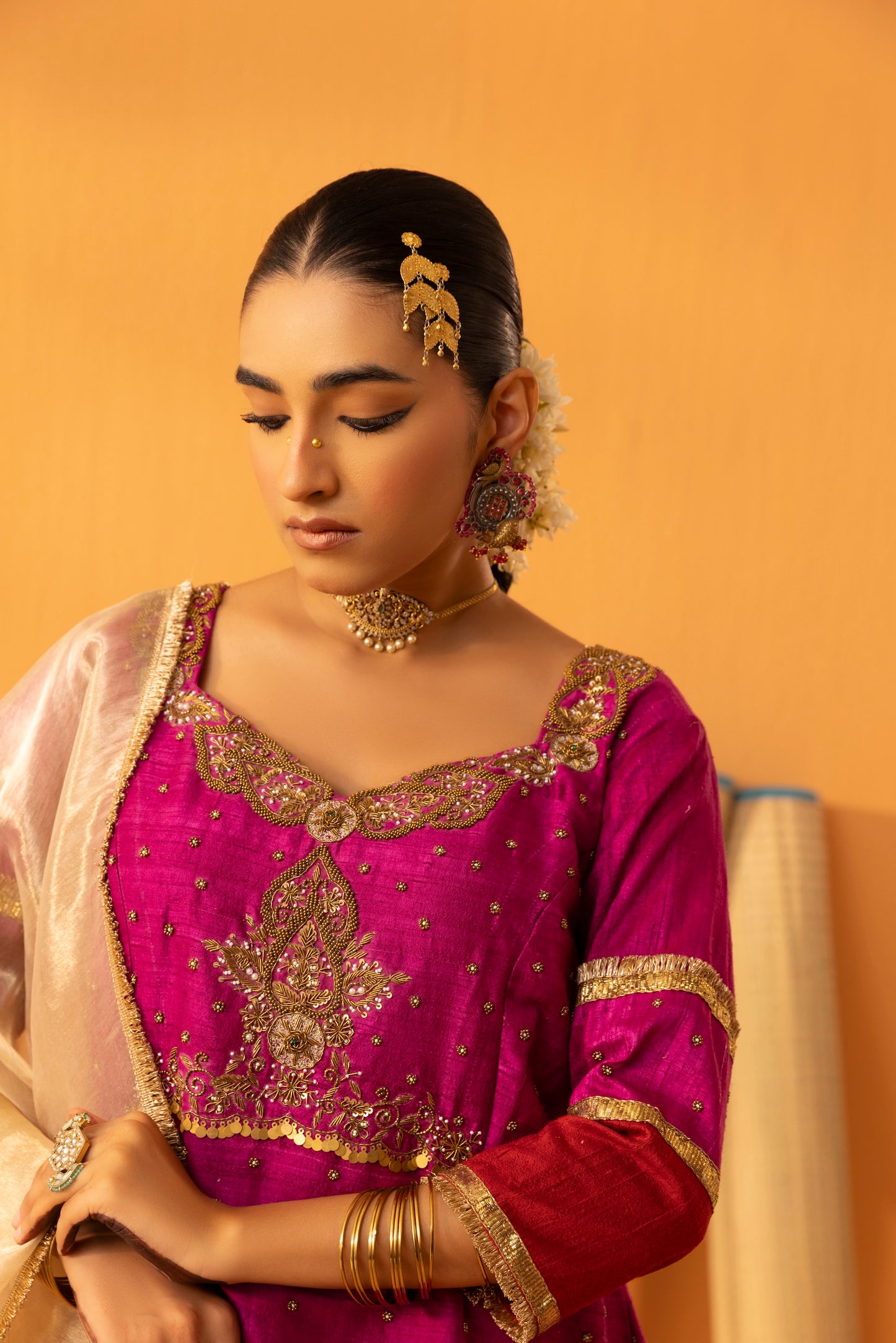 Gulnaar Magenta Pink Silk Embroidered Kurta Set