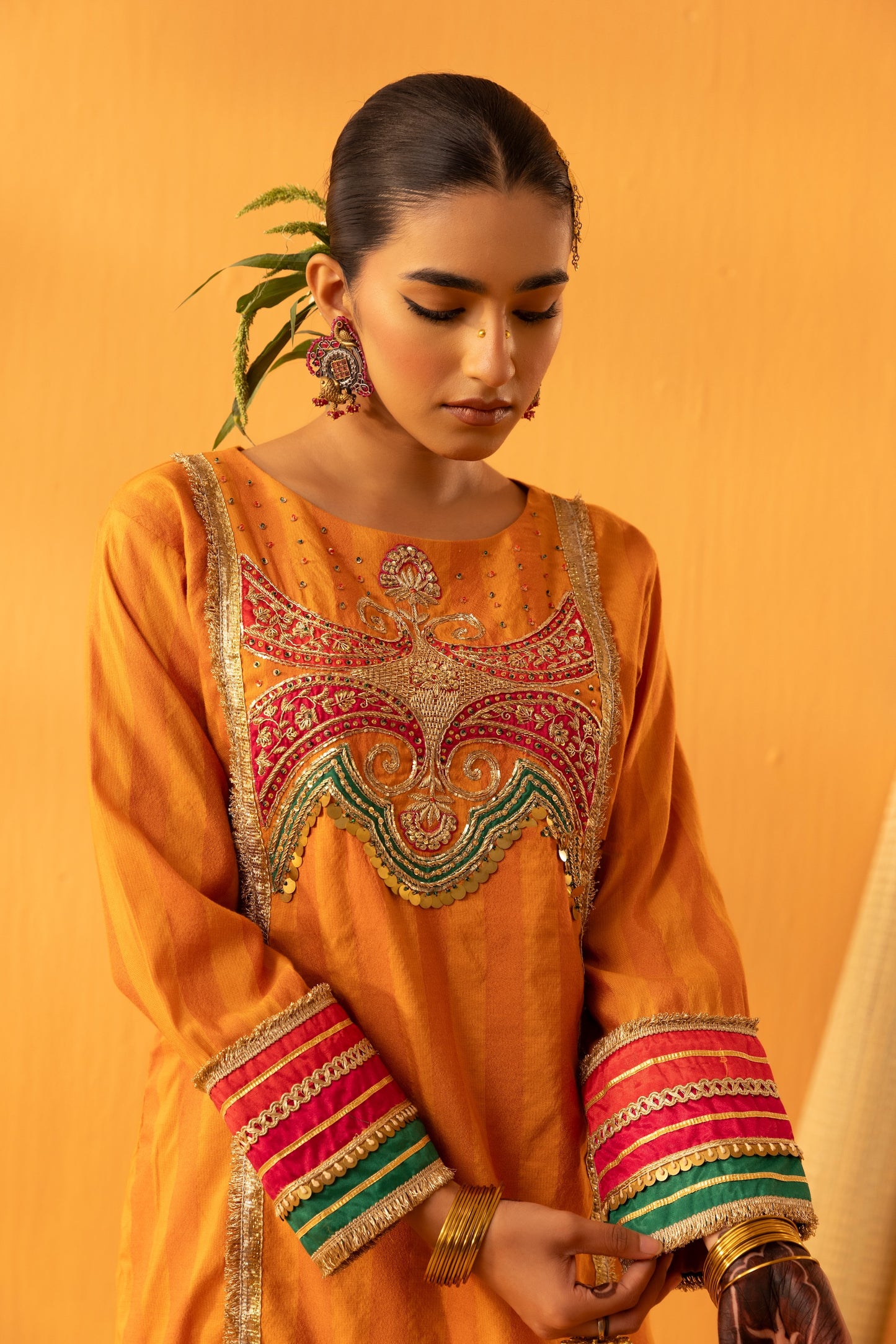 Saajrang Orange Silk Embroidered Kurta Set