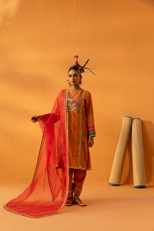 Saajrang Orange Silk Embroidered Kurta Set