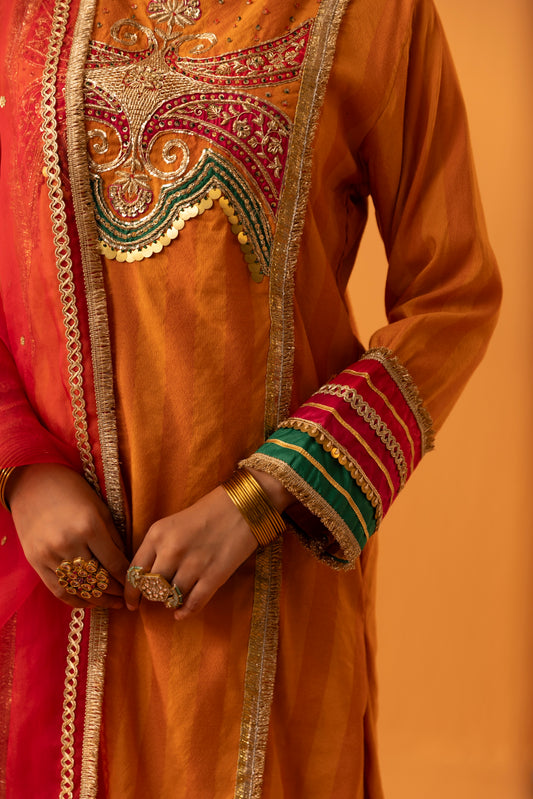 Saajrang Orange Silk Embroidered Kurta Set