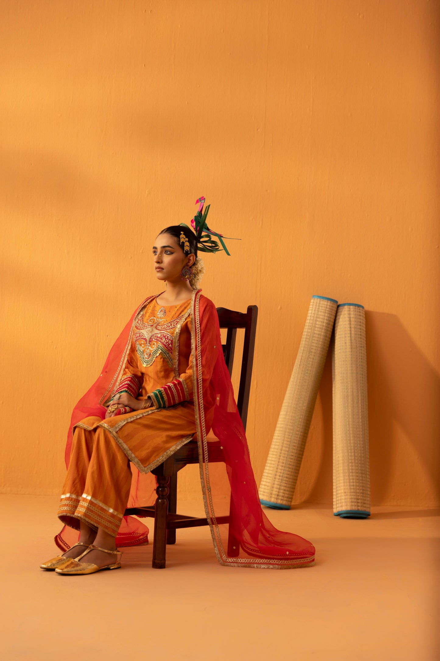 Saajrang Orange Silk Embroidered Kurta Set