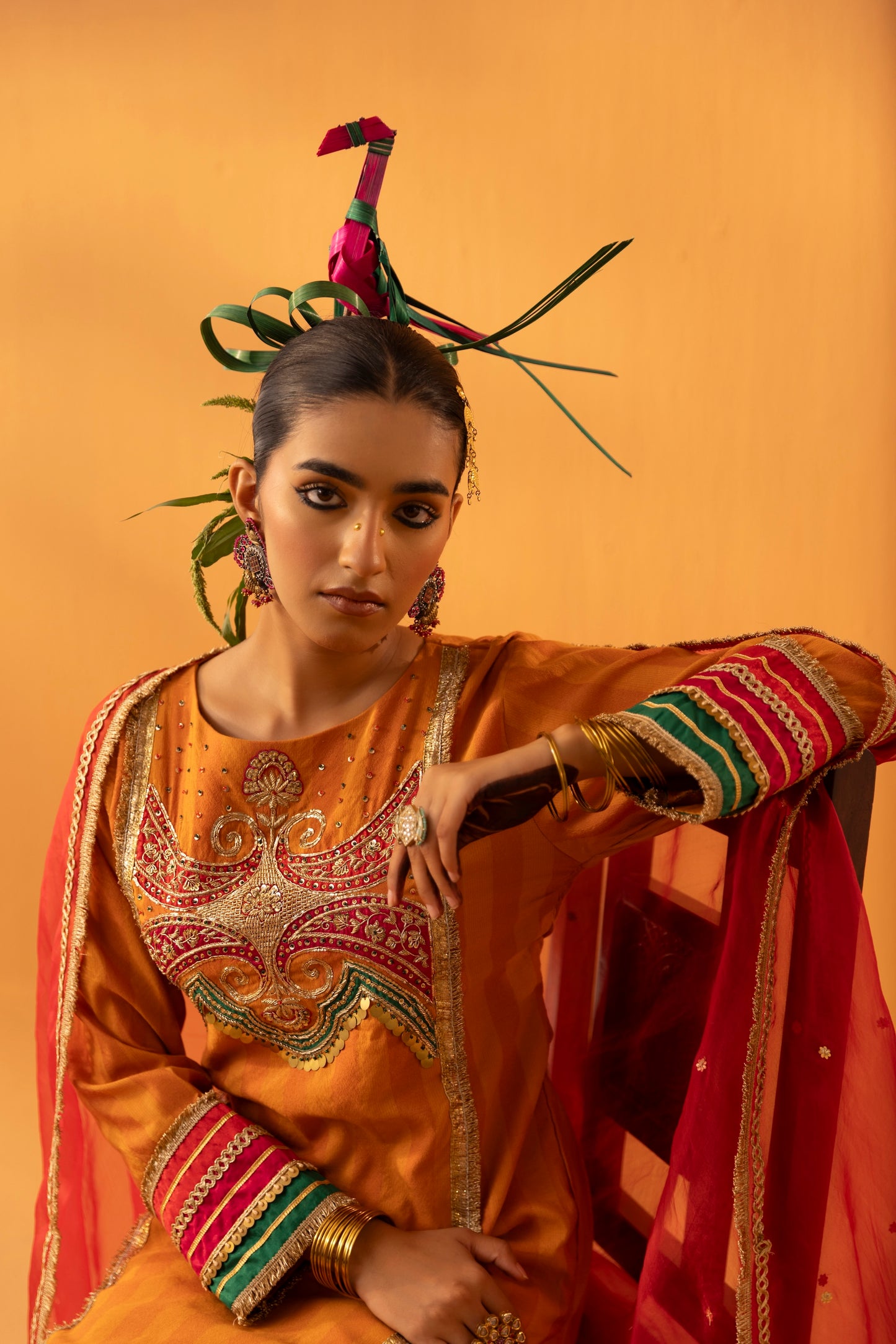 Saajrang Orange Silk Embroidered Kurta Set