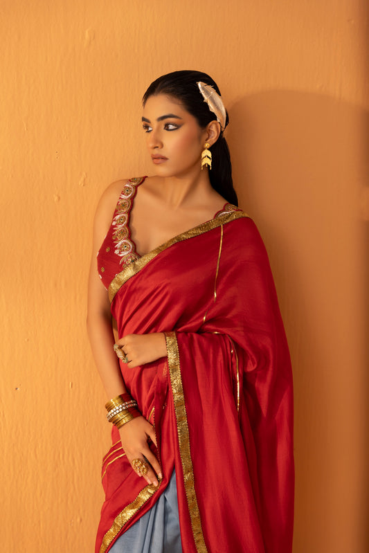 Ruhgul Maroon Embroidered Saree Set