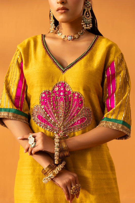 Aabha Mustard Yellow Silk Embroidered Kurta Set
