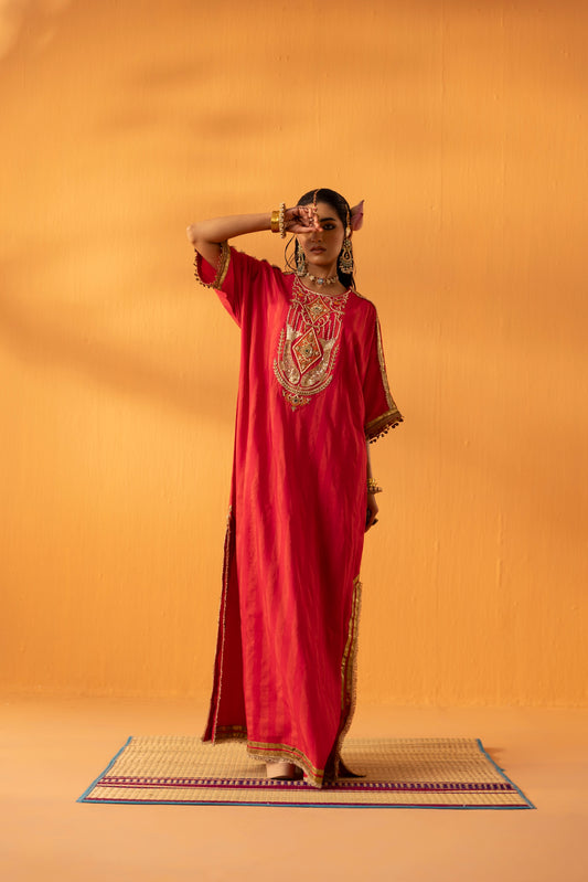 Neeranjali Fuschia Pink Embroidered Silk Kaftan