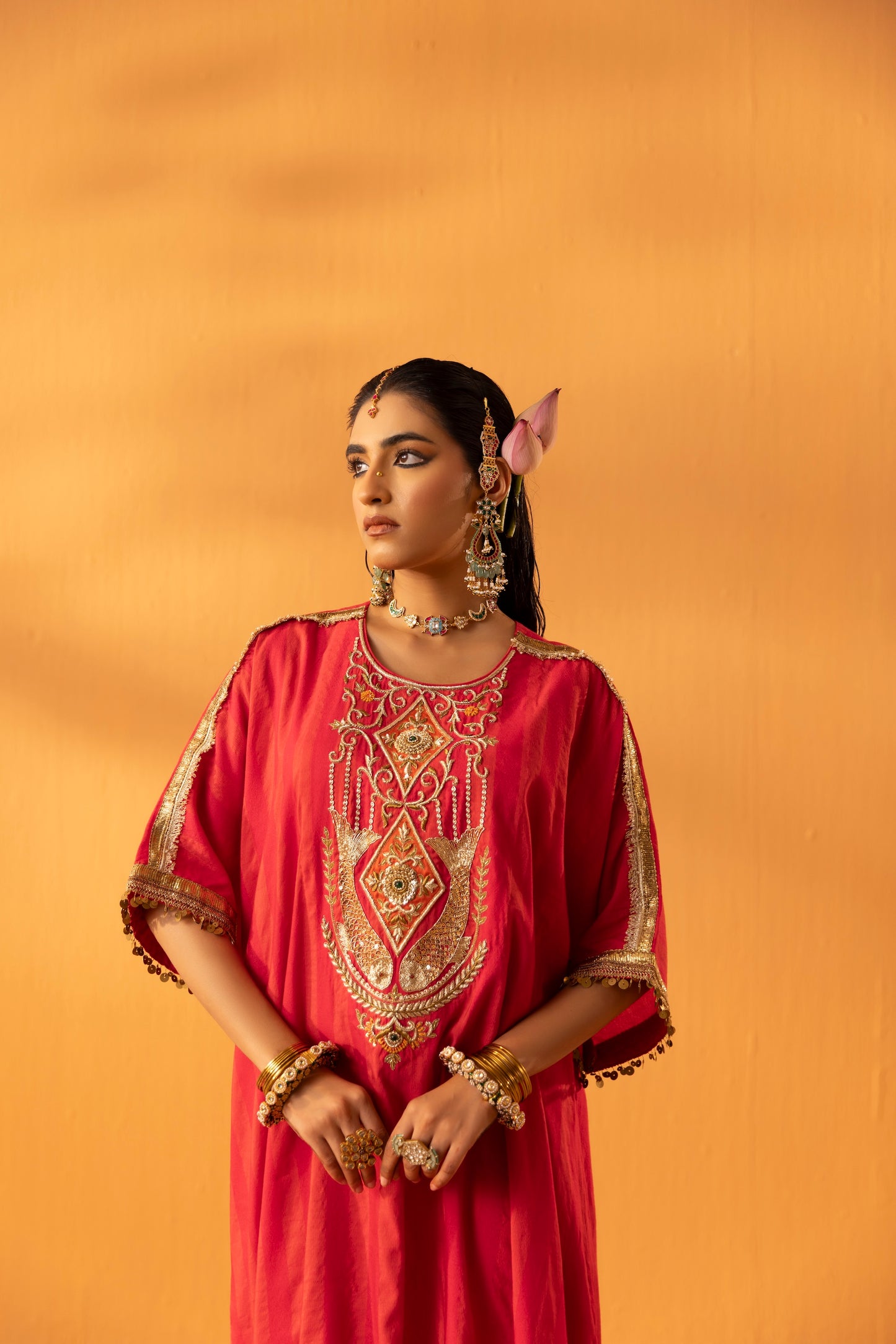 Neeranjali Fuschia Pink Embroidered Silk Kaftan