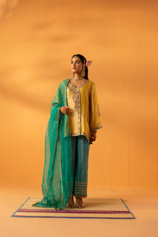 Ambervan Yellow Gold Embroidered Tissue Kurta Set