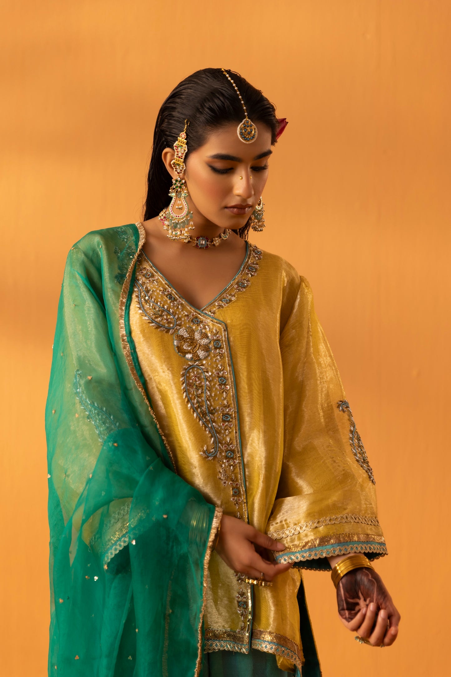 Ambervan Yellow Gold Embroidered Tissue Kurta Set