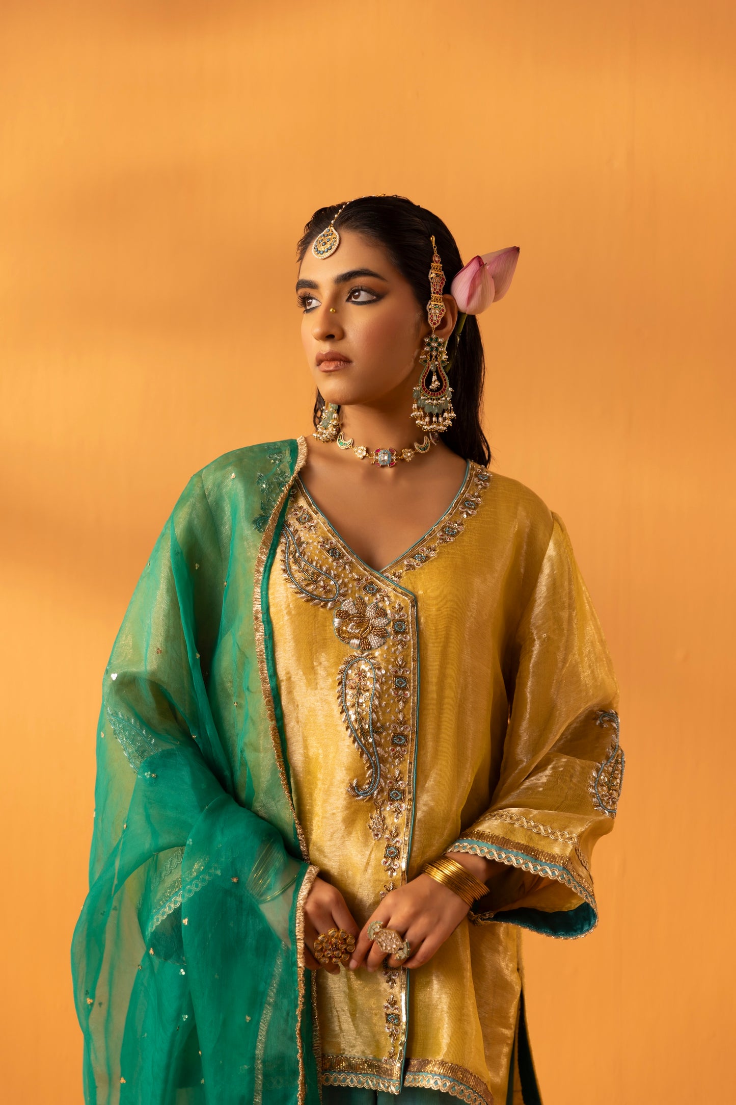 Ambervan Yellow Gold Embroidered Tissue Kurta Set