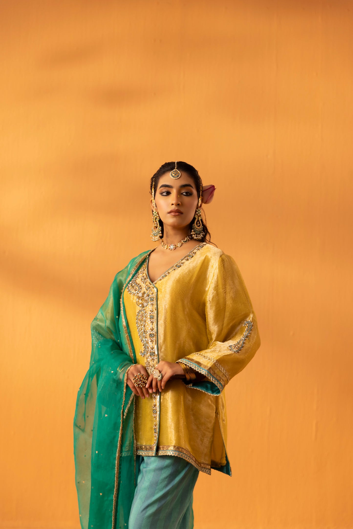 Ambervan Yellow Gold Embroidered Tissue Kurta Set