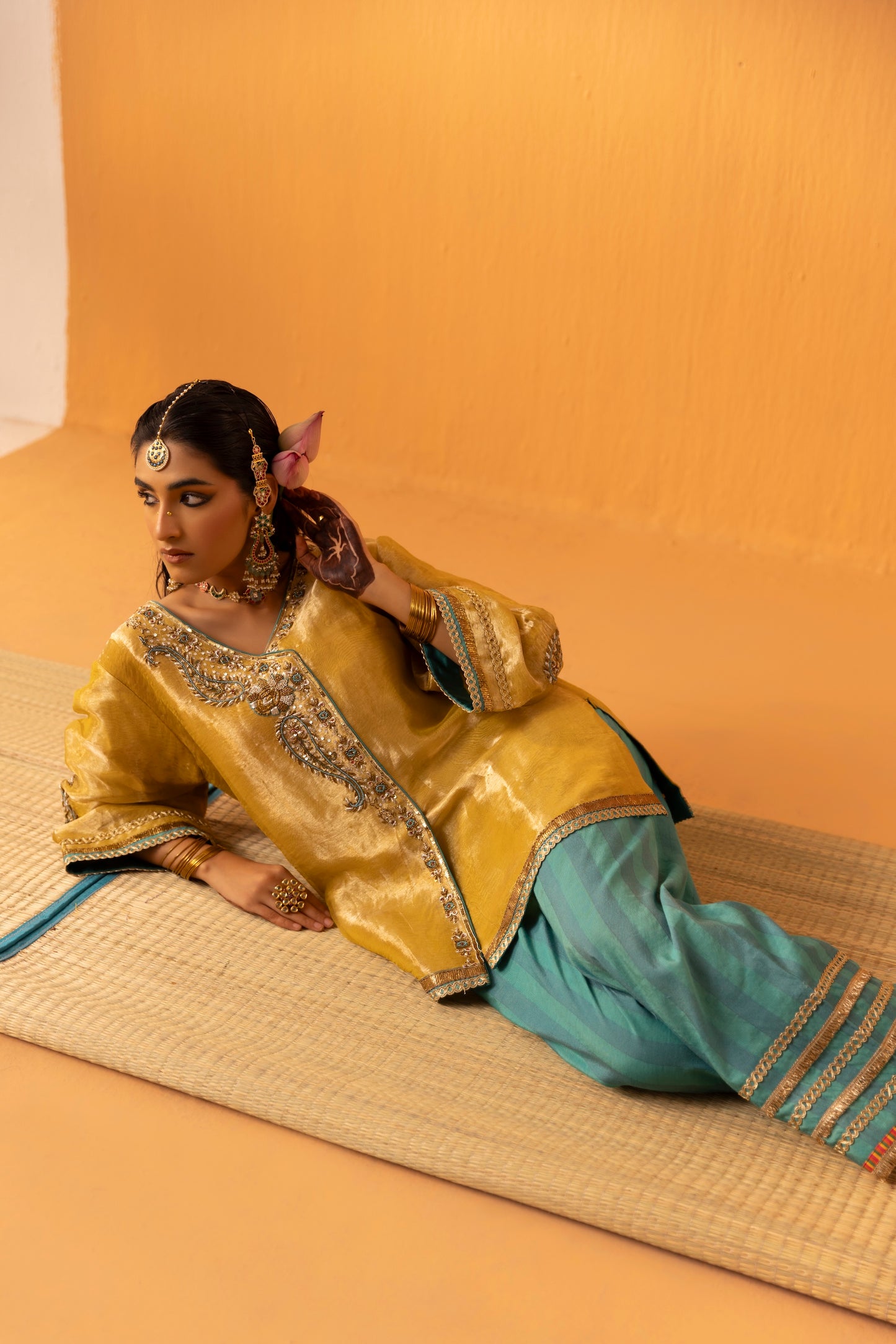 Ambervan Yellow Gold Embroidered Tissue Kurta Set